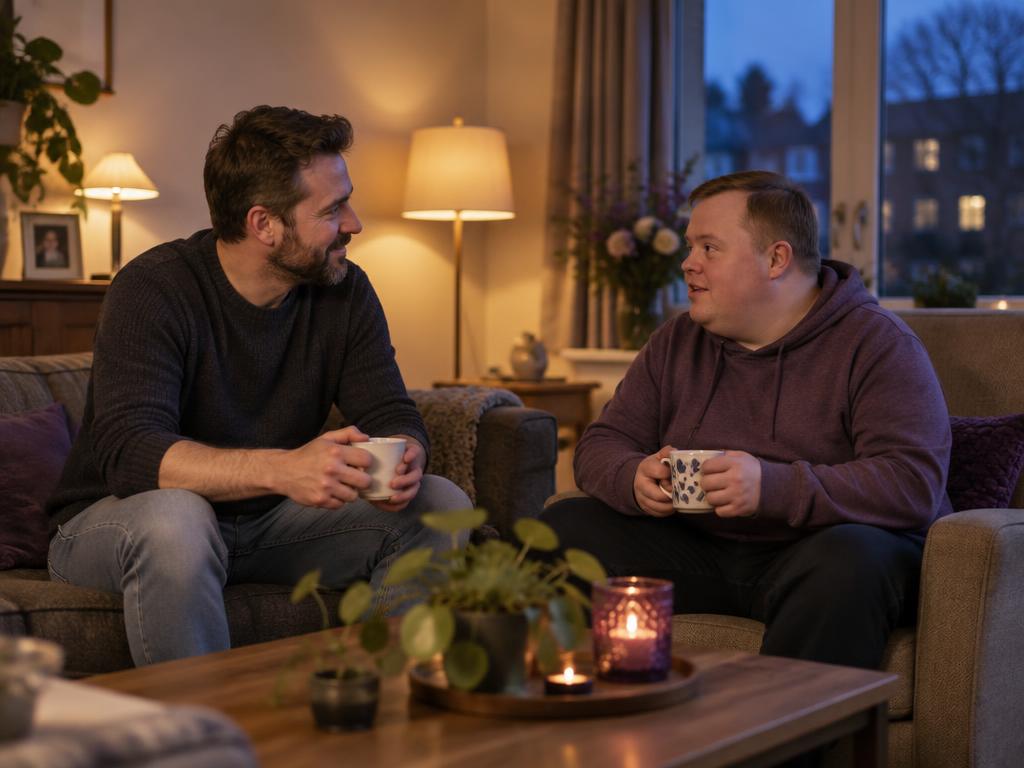Bewoner en begeleider praten samen in de woonkamer