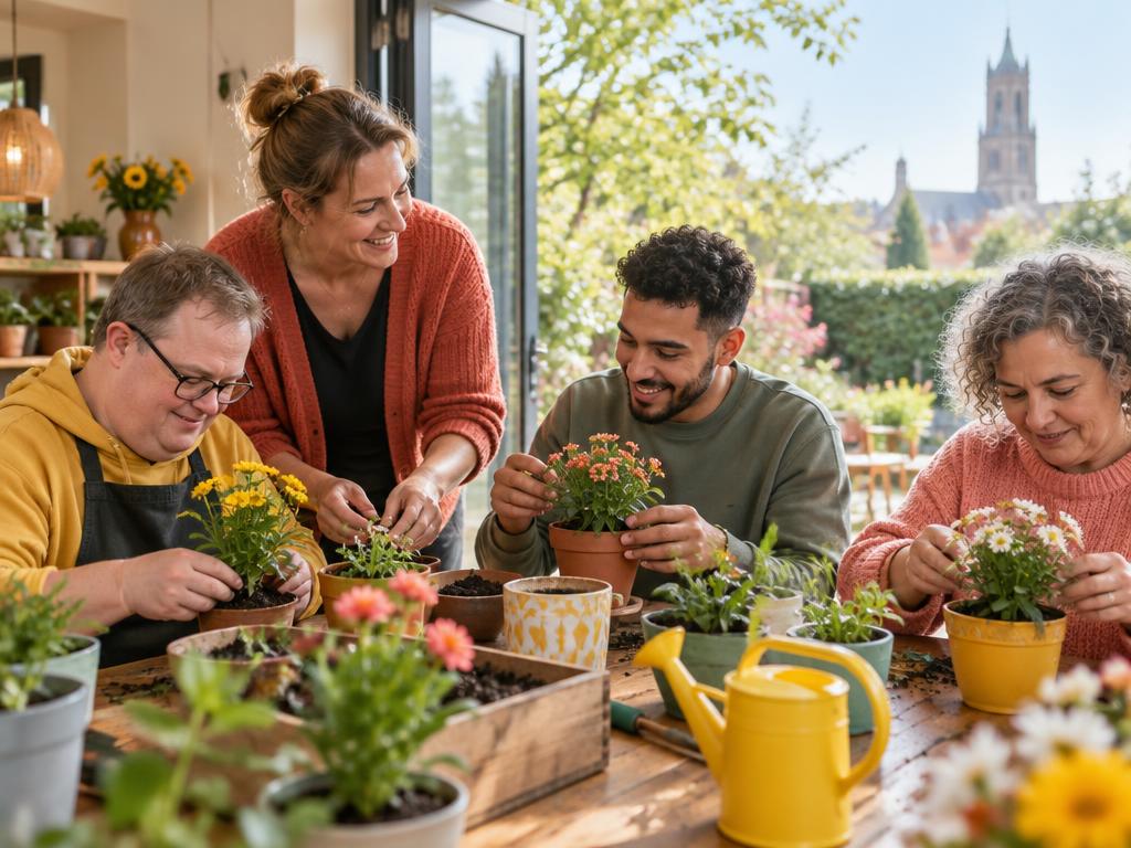 Bewoners en begeleider verzorgen samen planten
