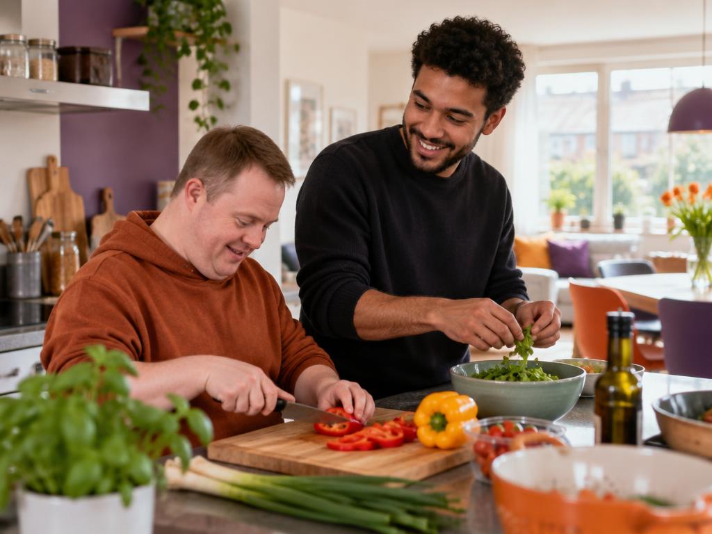 Bewoner en begeleider bereiden samen een maaltijd