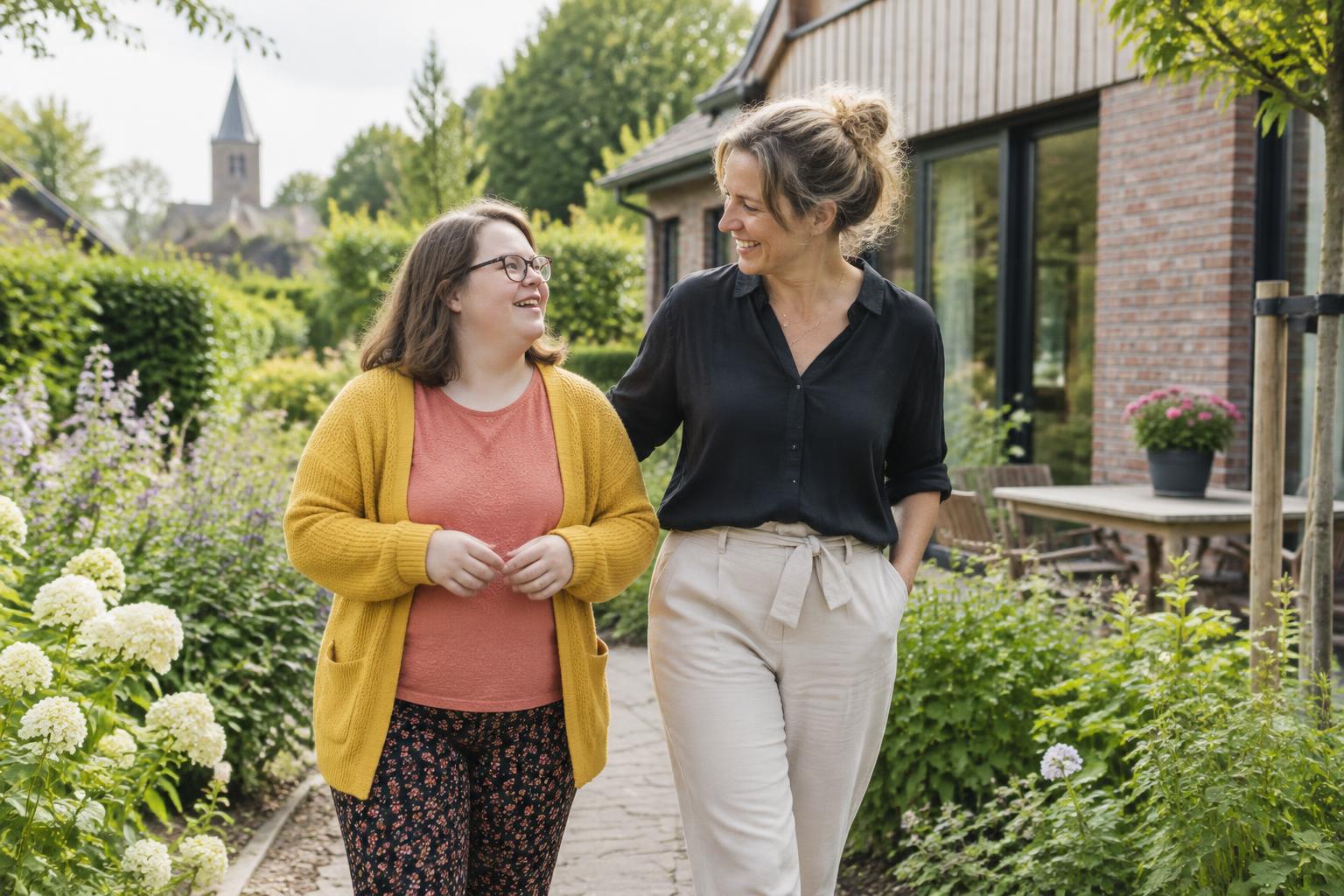 Bewoner en begeleider wandelen samen in de tuin